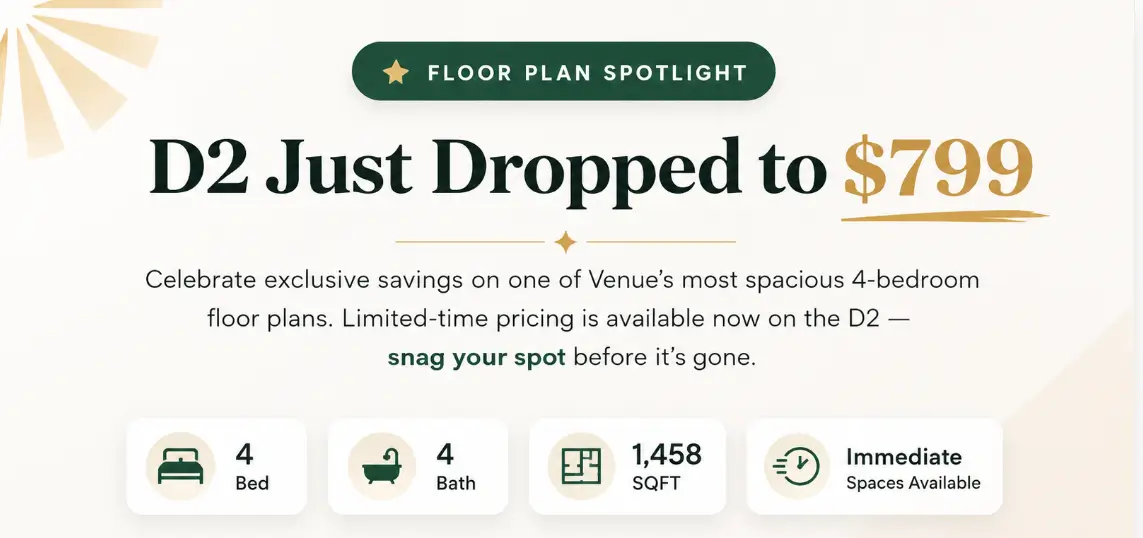 Featured Floor plan, d2 rate just dropped to $799